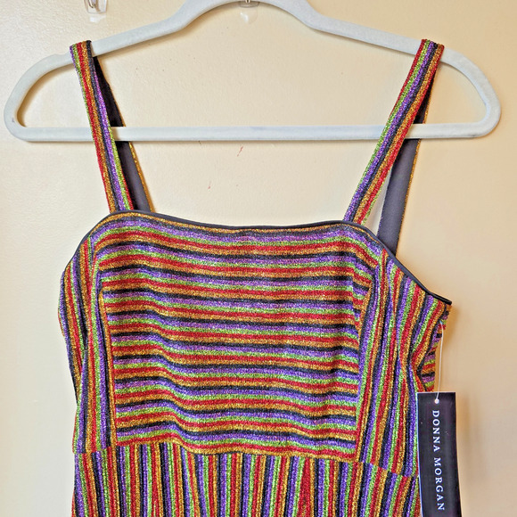 Donna Morgan Metallic Rainbow Striped Dress Size 4 Bodycon Shiny Party New - Picture 4 of 11